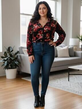 Basic Editions Relaxed Fit Floral Velvet Button-Up Shirt - XL